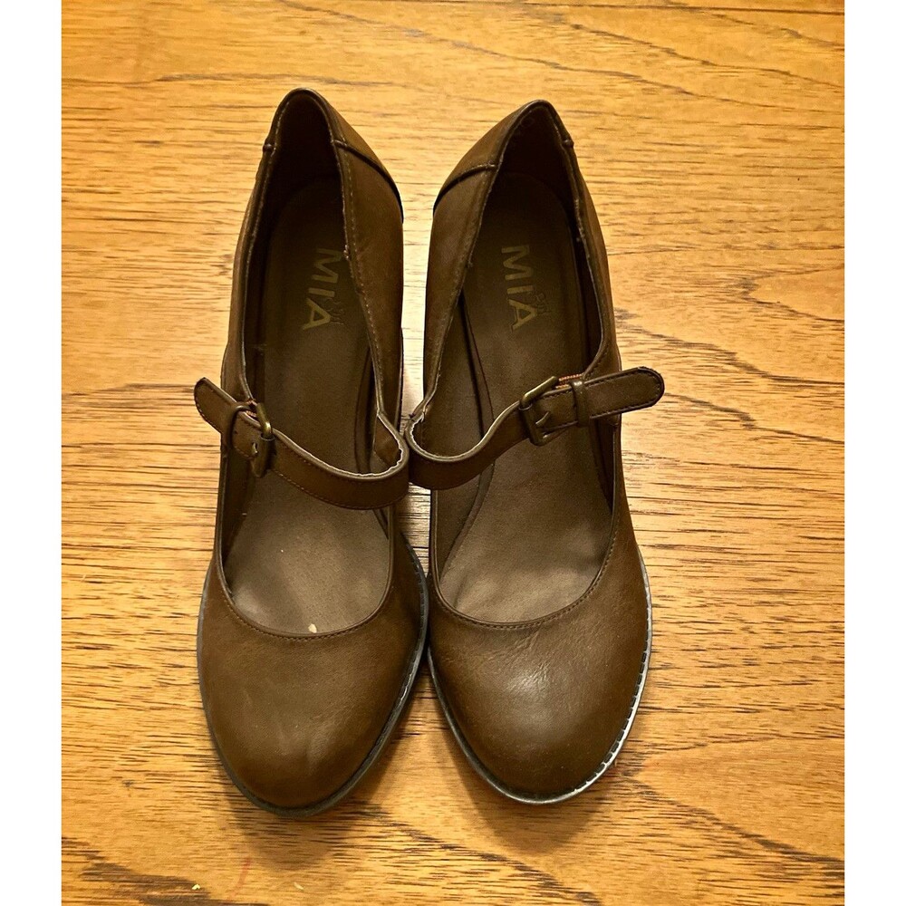 MIA Brown Leather Mary Jane Block Heel Buckle Ankle Strap Round Toe 8